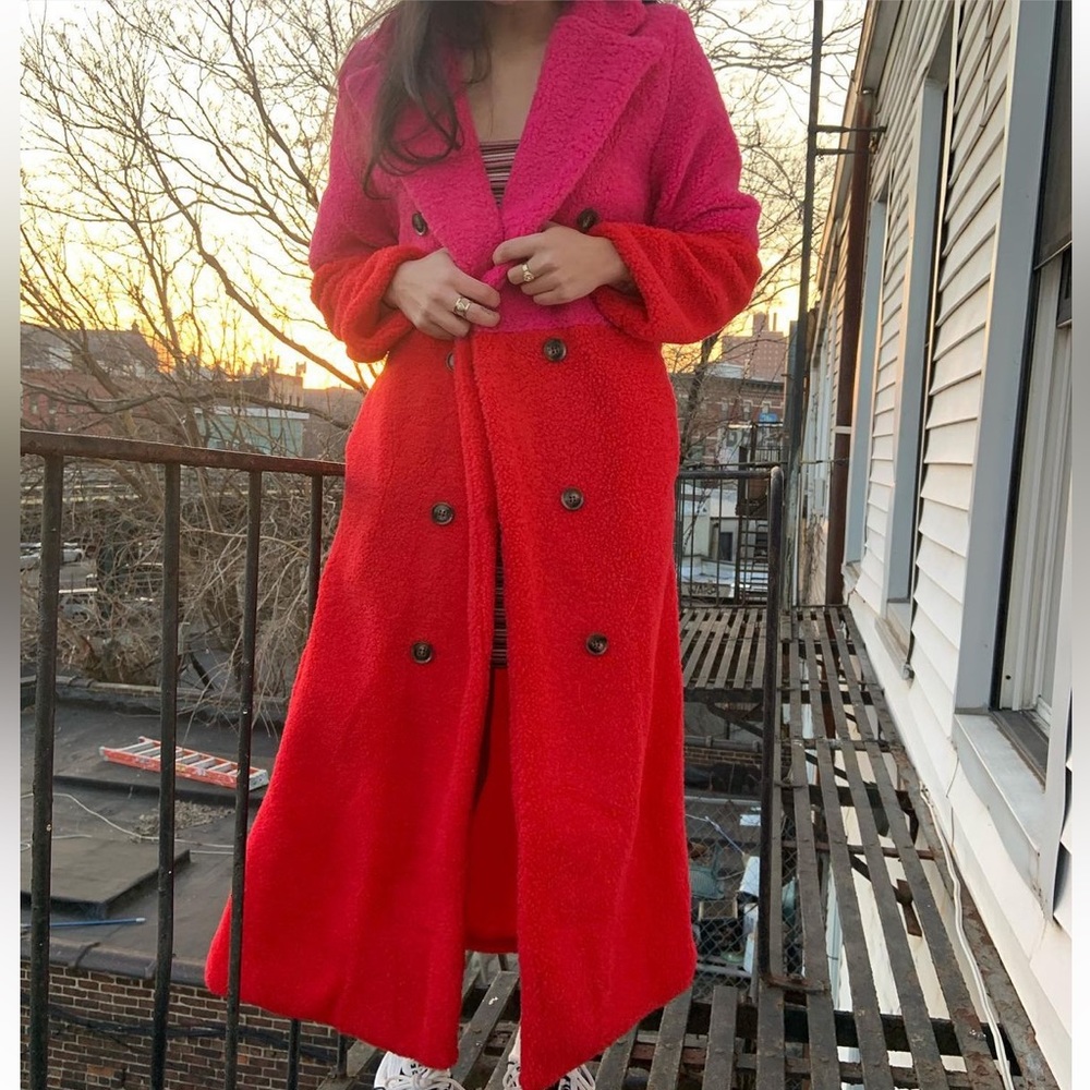 Teddy style long coat. Pink and Red with dark buttons. Size women’s large.